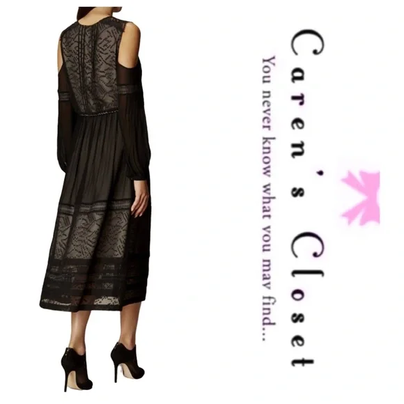 Karen Milan Black Chiffon Lace Cold Shoulder Midi Cocktail Dress - Picture 6 of 10